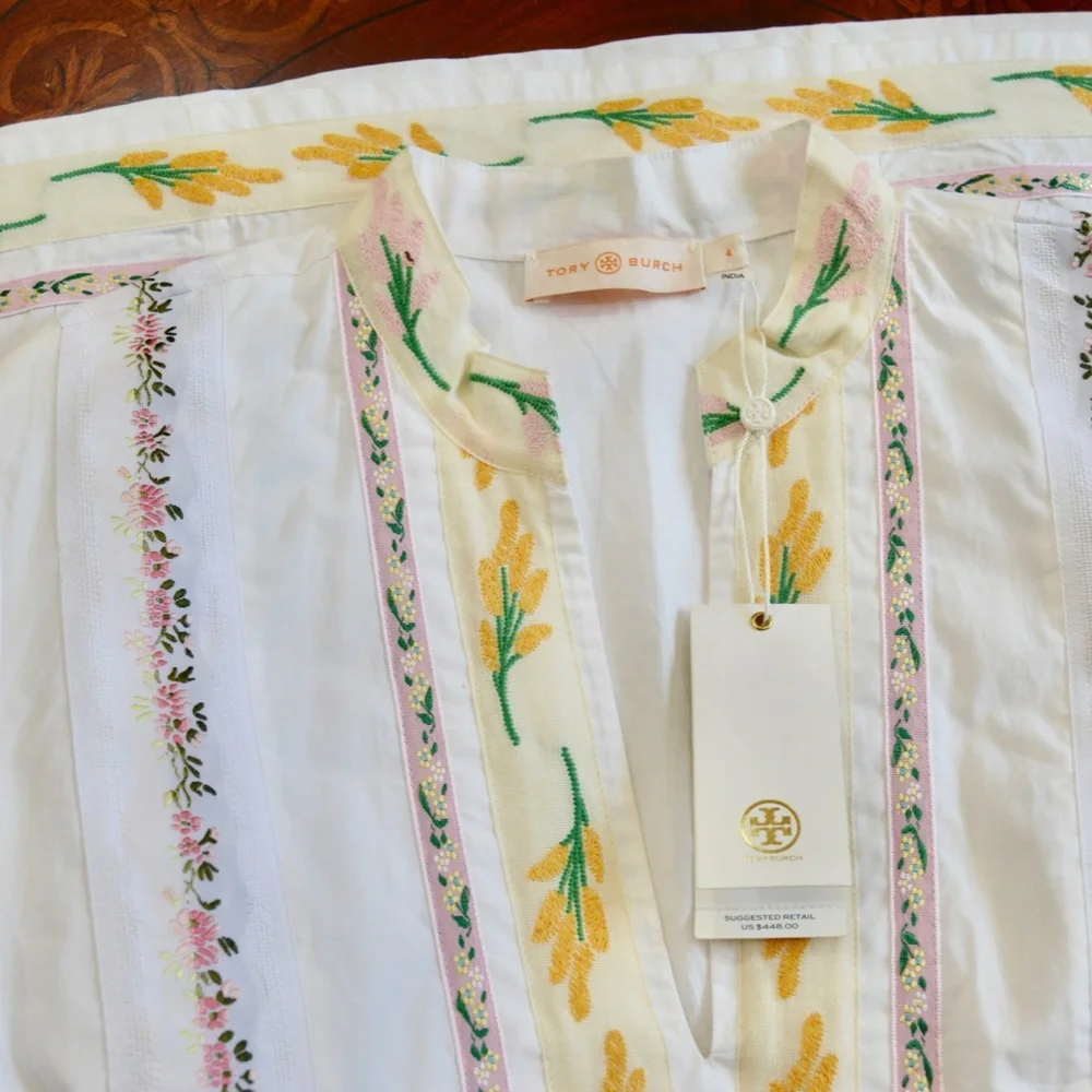 🏷️ NWT Tory Burch Ribbon Embellished Tunic in White Size 4